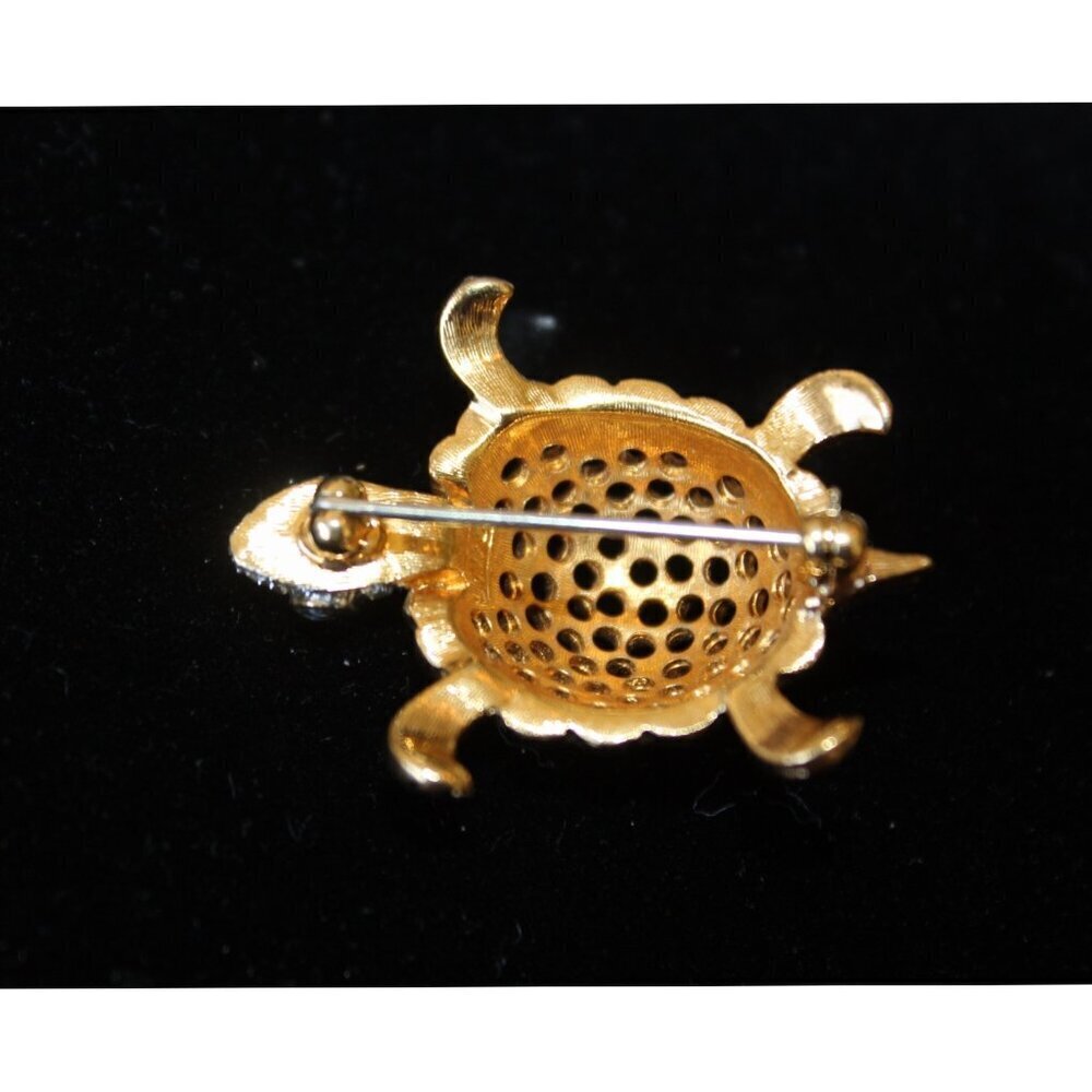 Vintage Turtle Brooch Rhinestone & Black Stone Signed Jomaz 9.8g Handmade unique - Picture 5 of 10